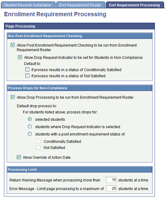 Enrollment Requirement Processing page (1 of 2)