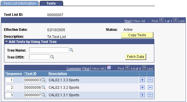 Test List - Tests page