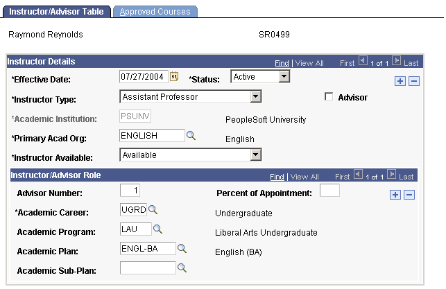 Instructor/Advisor Table page