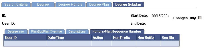 Degree Subplan page: Honors/Plan/Sequence Number tab