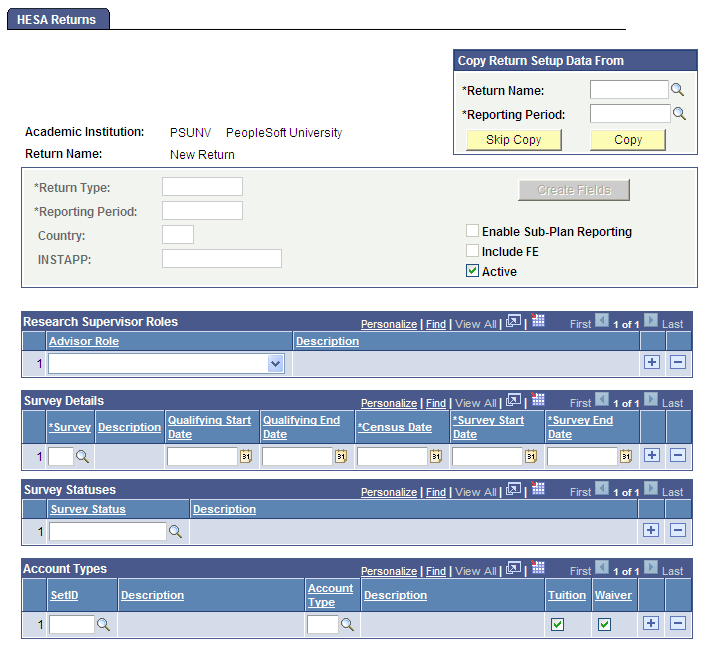 Example of HESA Returns page with the Copy Return Setup Data From group box