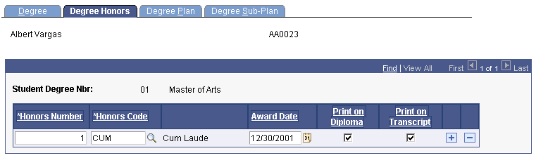 Degree Honors page