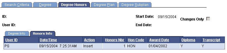 Degree Honors page: Honors Info tab