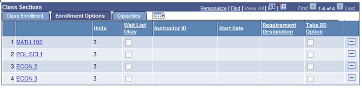 APT (Academic Progress Tracker) Enrollment Class page Sections grid: Enrollment Options tab