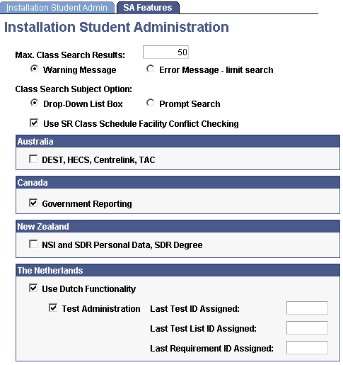Installation Student Administration - SA Features page
