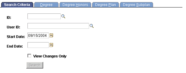 Degree Change Audit - Search Criteria page