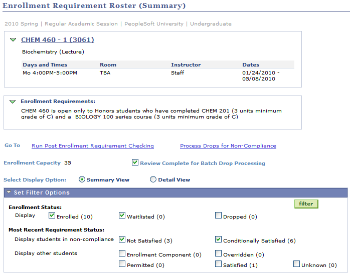 Enrollment Requirement Roster (Summary) page (1 of 2)
