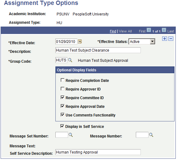 Assignment Type Options page