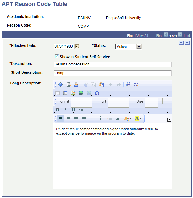 APT (Academic Progress Tracker) Reason Code Table page