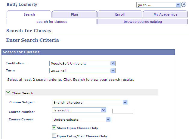 Search for Classes â€“ Enter Search Criteria (page 1 of 2)