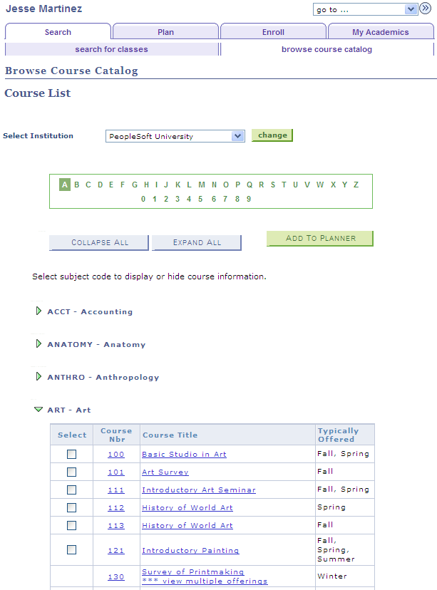 Browse Course Catalog page