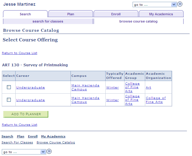 Browse Course Catalog - Select Course Offering page