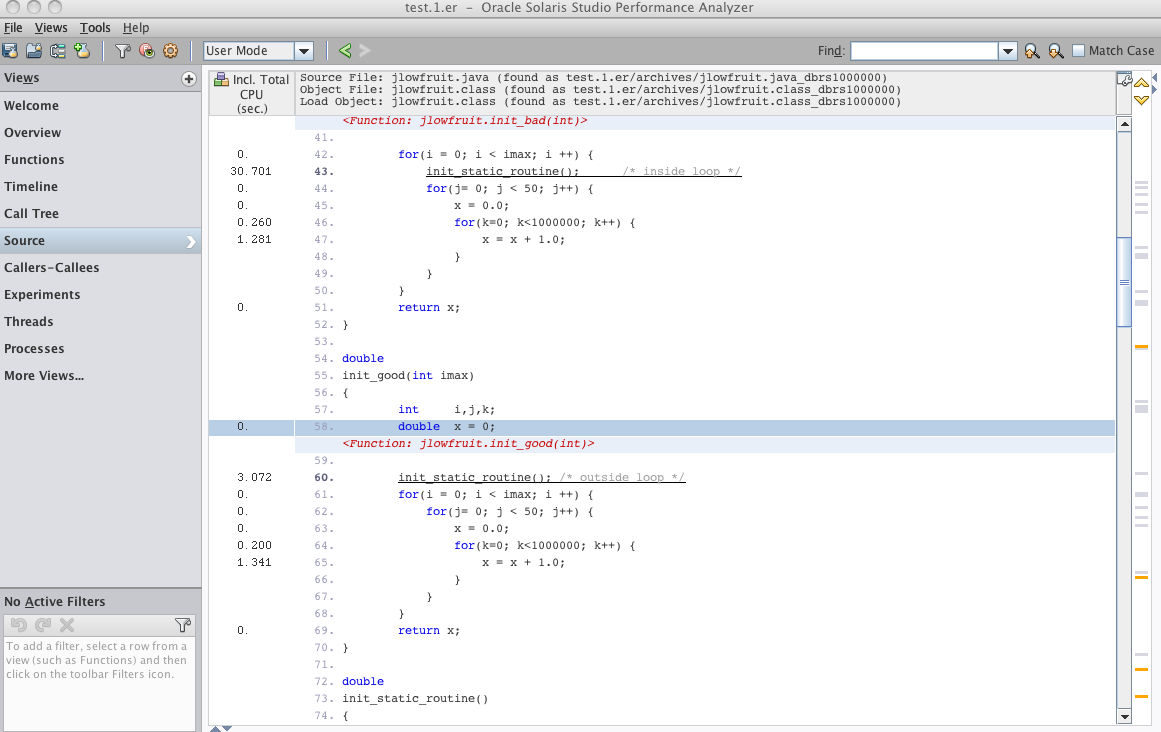 image:「ソース」ビューには、jlowfruit.init_bad 関数と jlowfruit.init_good 関数のコードと、各行のメトリックが表示されます。