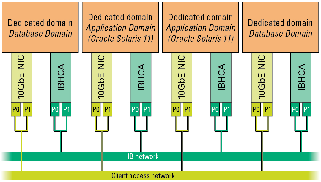 image:Graphic showing the dedicated domains connections to the 10GbE and IB                         networks.