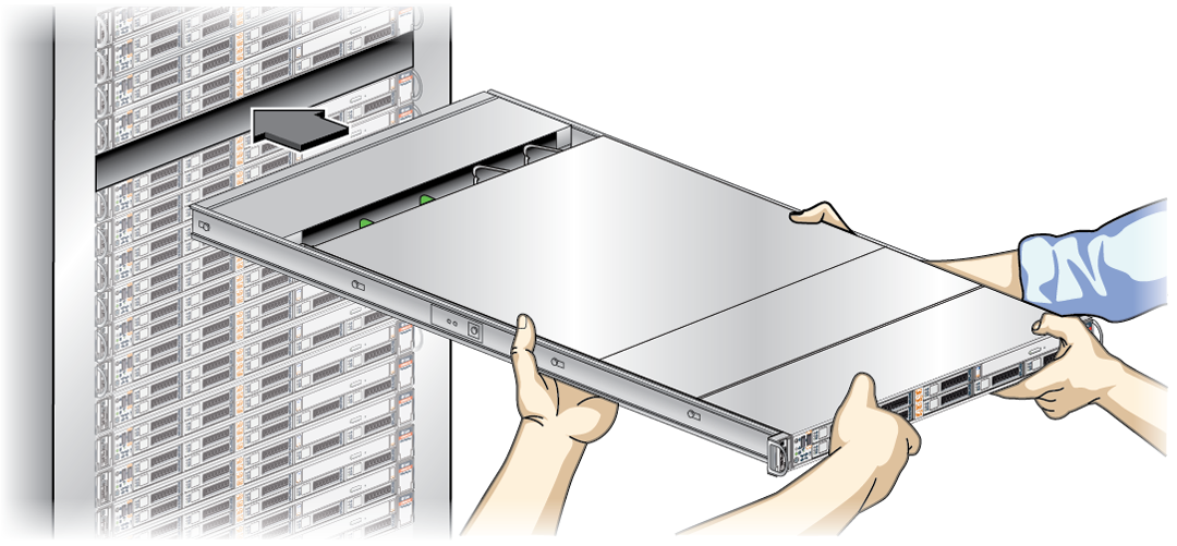 image:The graphic shows how two persons align the node with the slot, and insert it into the rack.