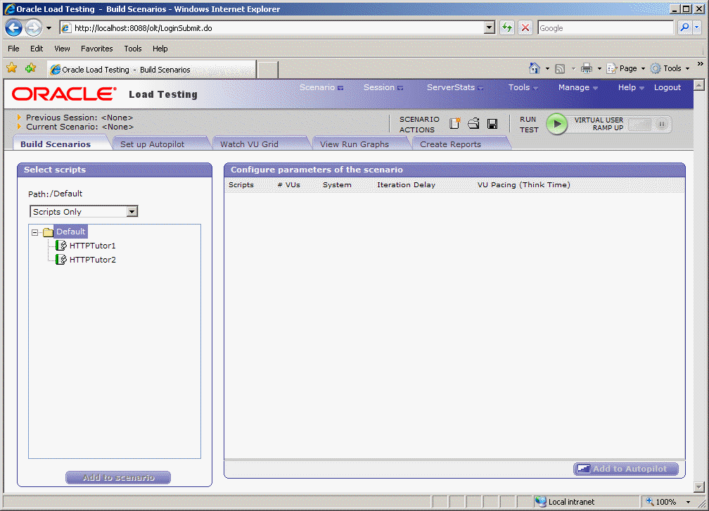 Oracle Load Testing for Web Applications Main Window