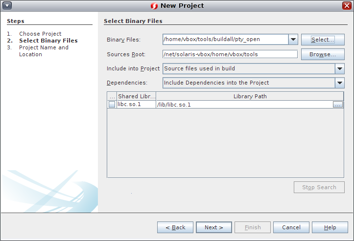 image:New Project wizard Select Binary File page for Project from a                                 Binary File