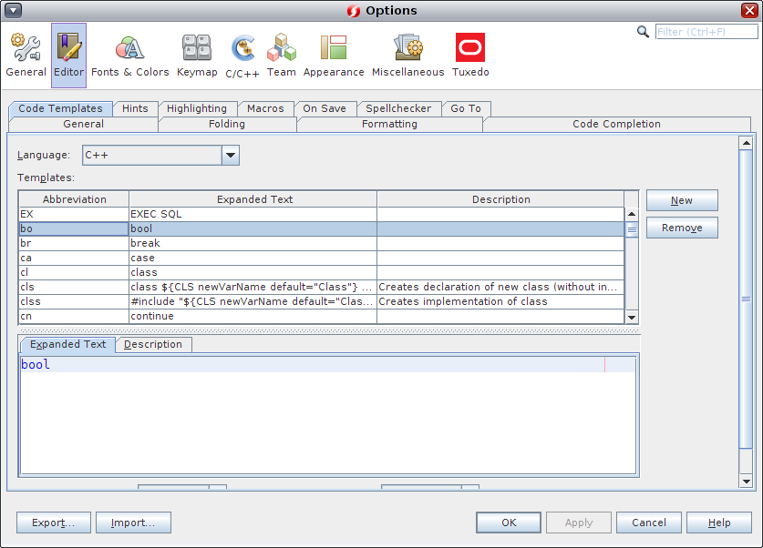 image:Code Templates tab in Options dialog box