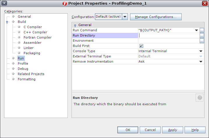 image:Run tab of Project Properties dialog box for                                 ProfilingDemo_1.