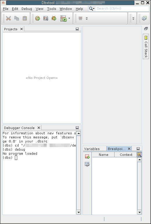 image:Half screen size dbxtool window with Call                                                   Stack window maximized