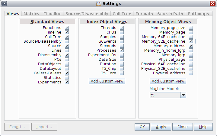 image:Settings in Performance Analyzer for the different views