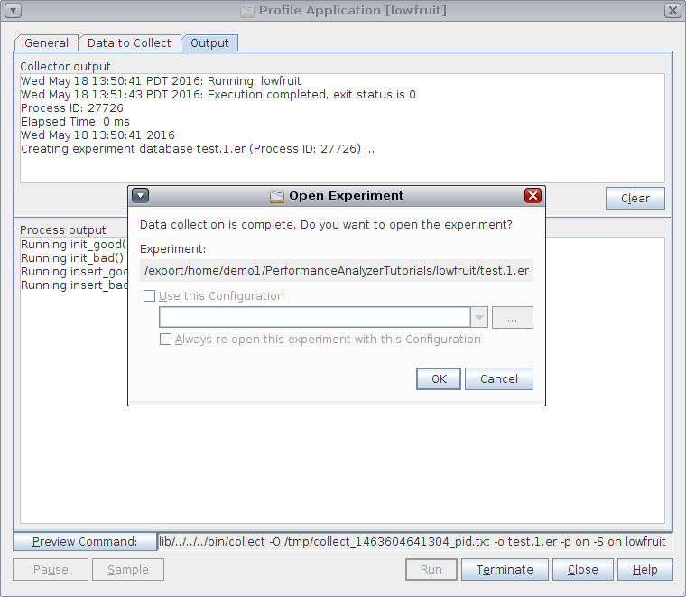 image:Output window of Profile Application dialog box