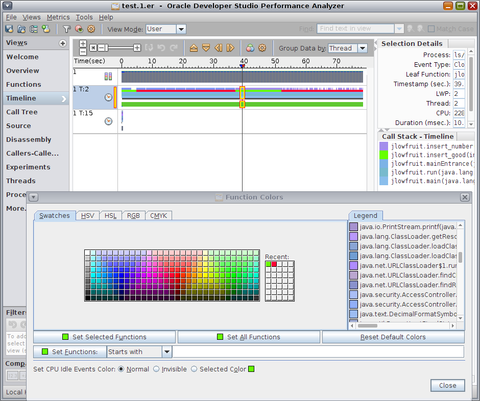 image:Timeline view of Performance Analyzer with Function Colors dialog opened