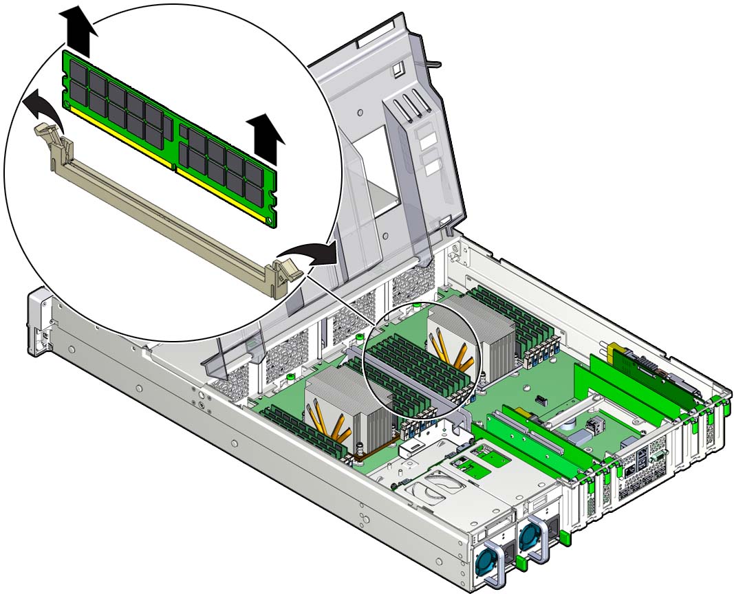 image:Figure showing a memory DIMM being removed from the                               server.