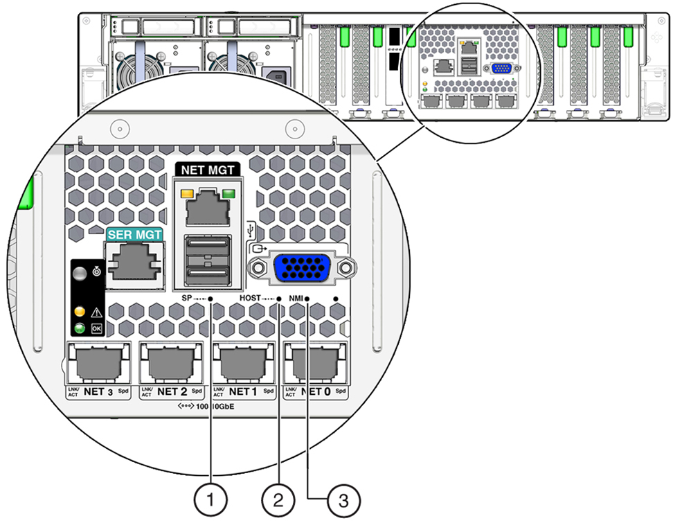 image:Figure showing the location of pinhole switches on the server rear panel.
