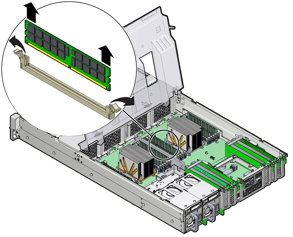 image:Figure showing a memory DIMM being removed from the server.