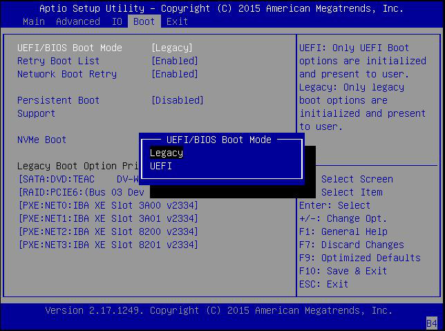 image:This figure shows the BIOS Boot Menu selection options for UEFI and                         Legacy BIOS Mode.