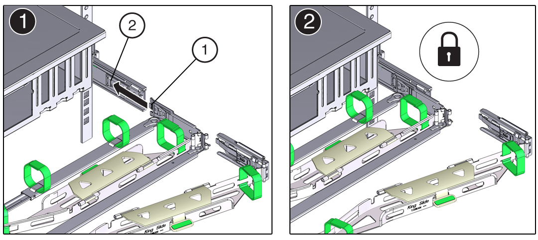 image:CMA コネクタ B を右側スライドレールに取り付ける方法を示す図。