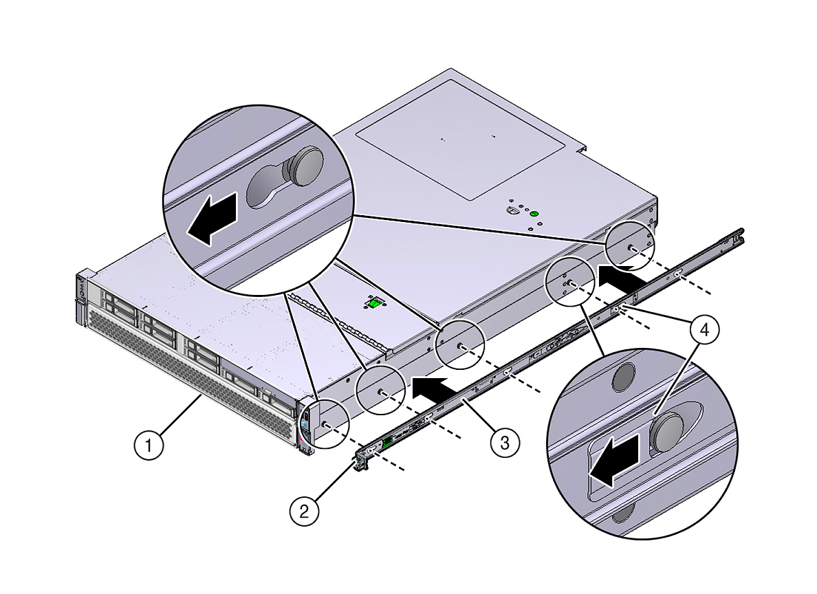 image:サーバーの各側面に固定部品を取り付ける方法を示す図。