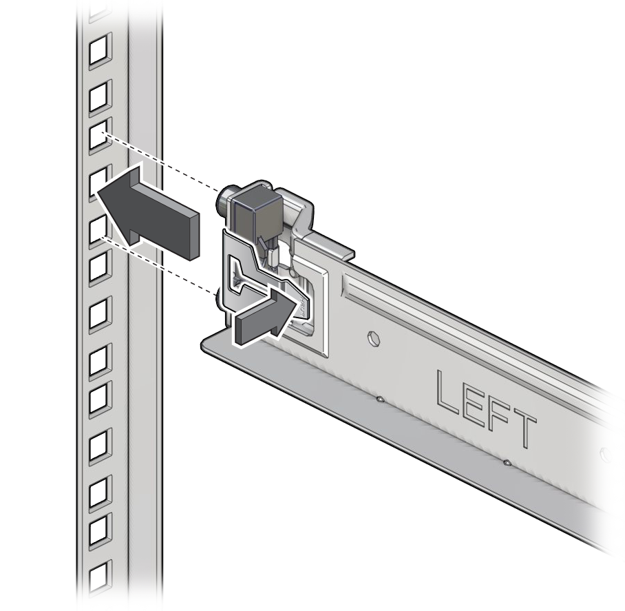 image:The illustration shows attaching the slide rail to the front rack                             post.