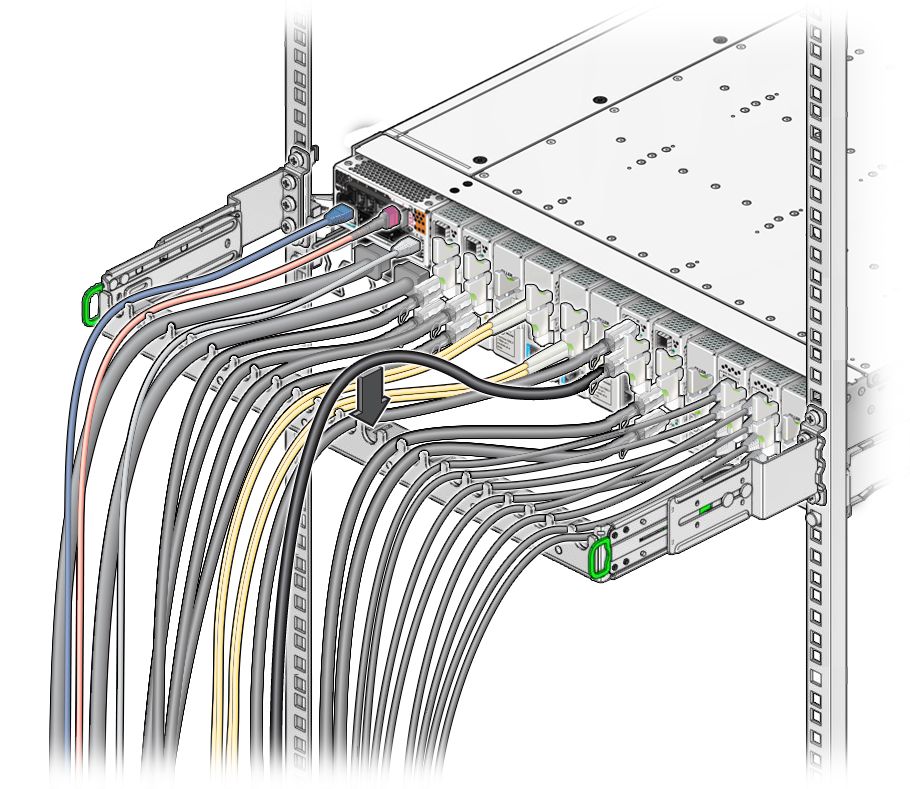 image:Illustration shows the cables being laid into the cable management                             comb.