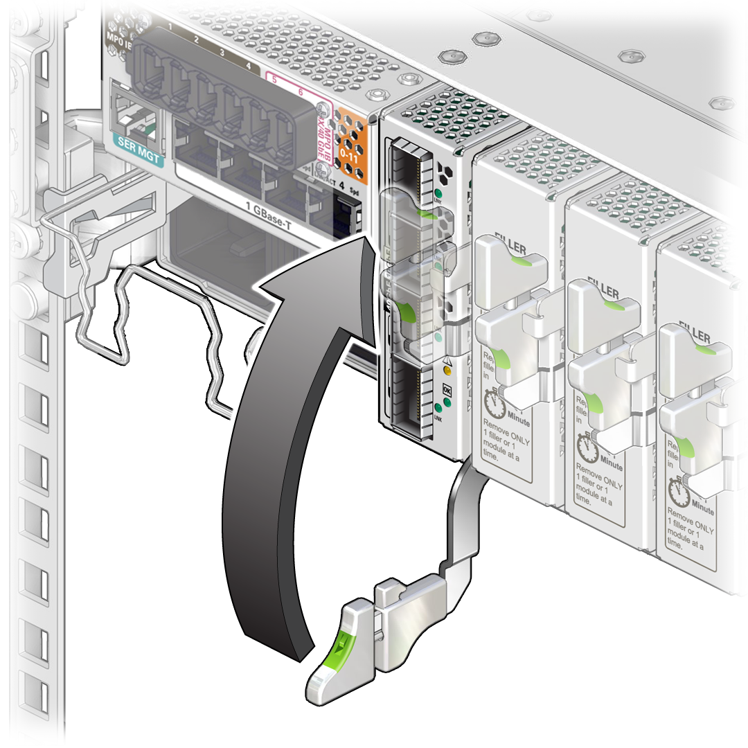 image:Illustration shows installing and securing the I/O module into the                             slot.