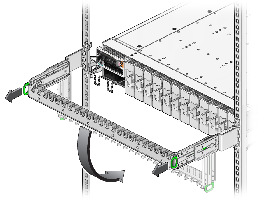 image:The illustration shows swinging the cable management comb                             down.