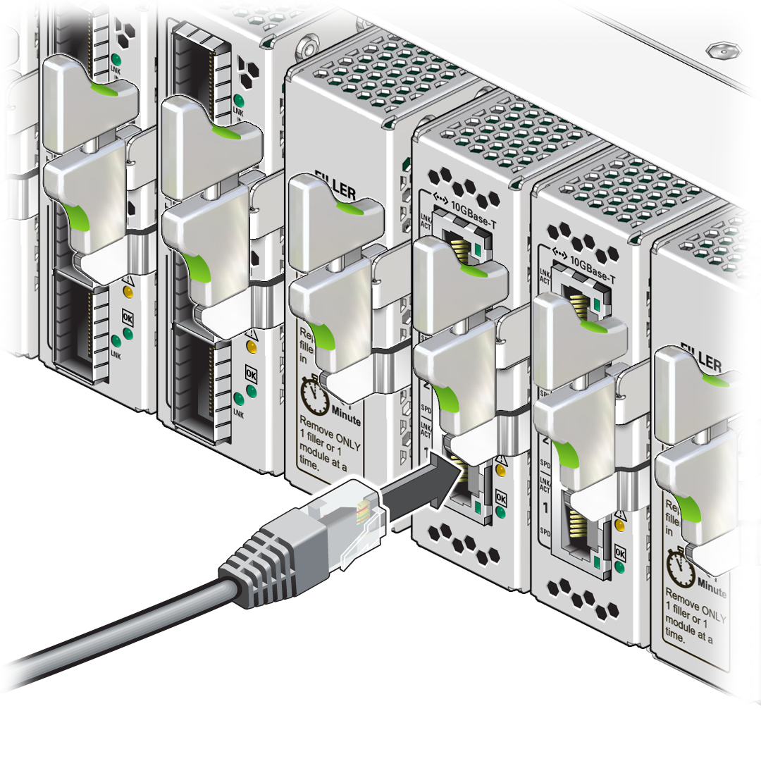 image:The illustration shows the RJ-45 connector being inserted into the                             receptacle.