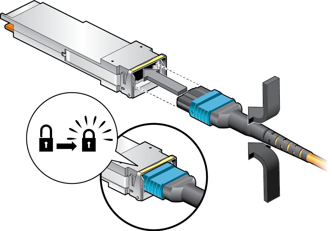 image:Figure shows installing an MPO cable with an QSFP connector for the                             Oracle F2 10Gb and 40Gb in 40Gb mode