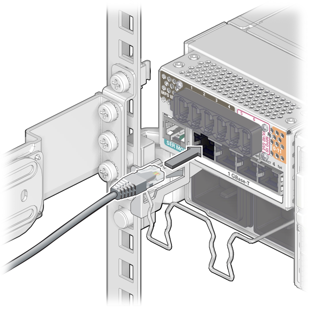 image:Illustration shows RJ-45 connector properly oriented with                                     port on switch.