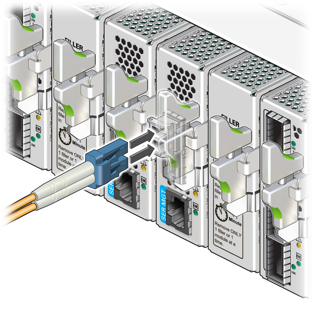 image:The illustration show connecting the LC cable to the Oracle                                     F2 Dual Port 16Gb Fibre Channel module.