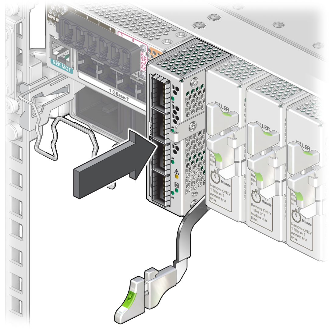 image:Figure showing how to install an I/O module into a slot.