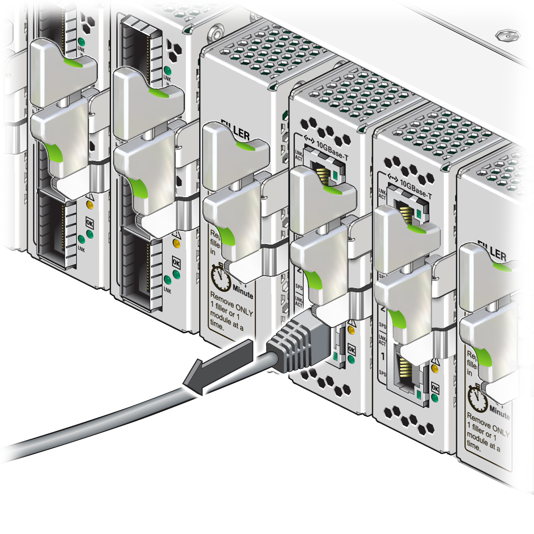 image:The illustration shows an RJ-45 cable being disconnected                                     from the Oracle F2 10GBASE-T module.