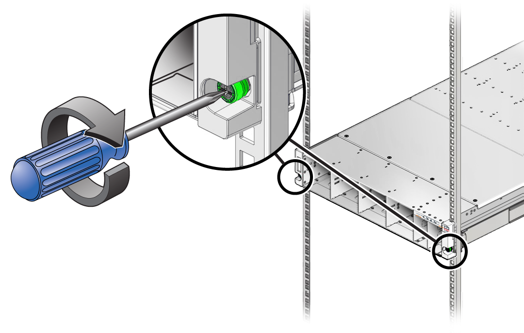 image:Illustration shows the switch being secured to the rack.