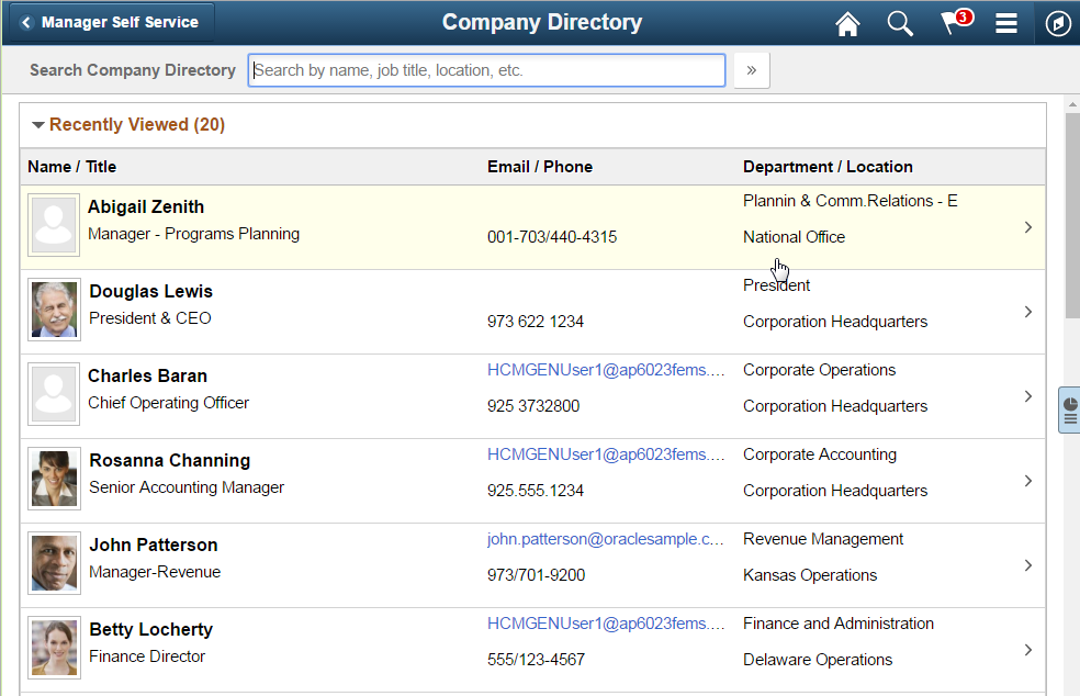 Outside Navigation Collection page, application header “Company Directory” spans entire width of page