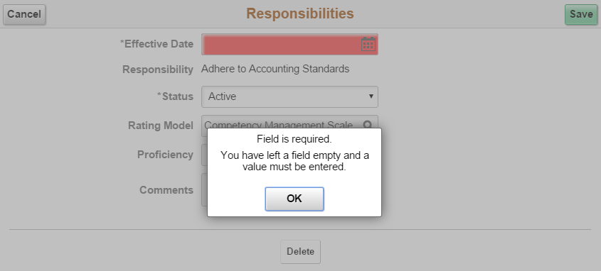 Example of error message when no value is entered in a required field
