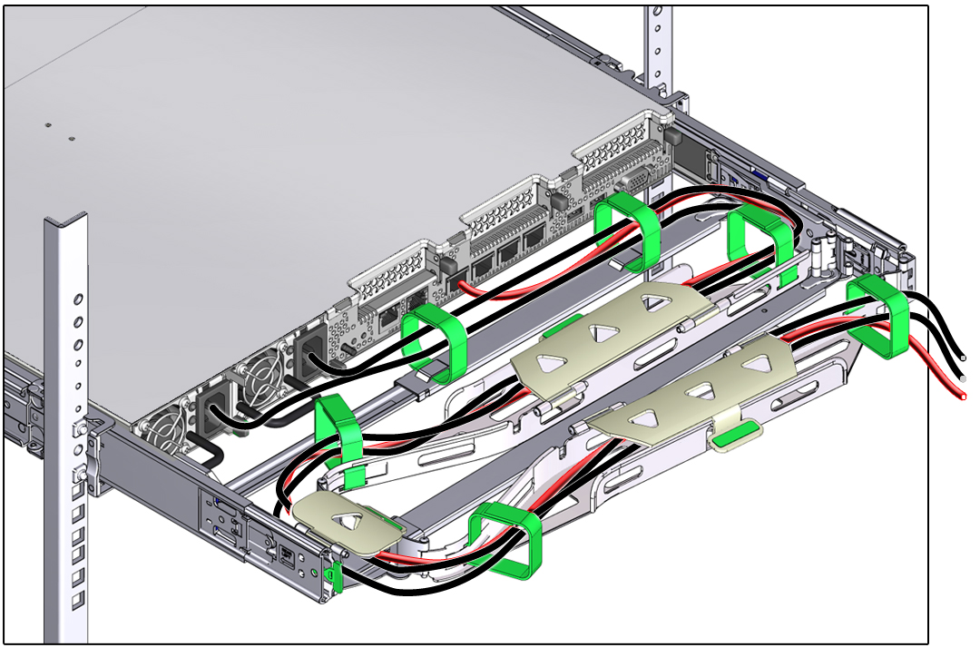image:Figure showing CMA with cables installed, cable covers                                         closed, and cables secured with Velcro straps.