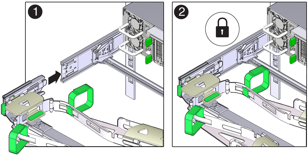 image:Figure showing how to install the CMA's connector B                                         into the right slide-rail.