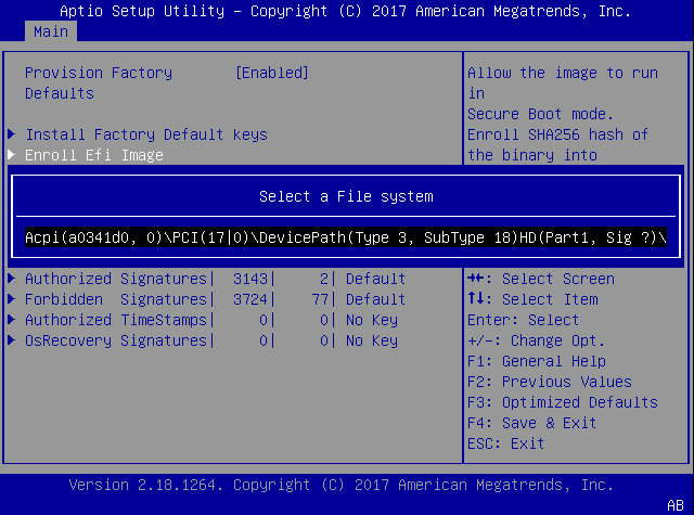 image:This figure shows the Select a File system dialog within the                                 Enroll Efi Image settings Menu.