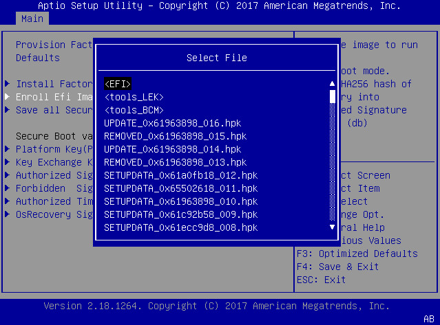 image:This figure shows the Select File dialog within the                                         Enroll Efi Image settings Menu.